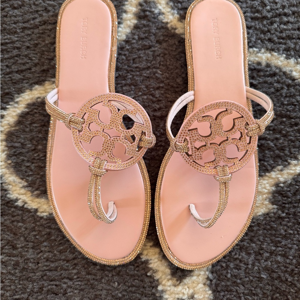 Tory Burch Pink Sandals with Ornate Medallion